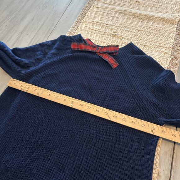 J Crew Mercantile Navy Blue Knit High Neck Sweater Red Plaid Bow Size M Preppy - Picture 6 of 8
